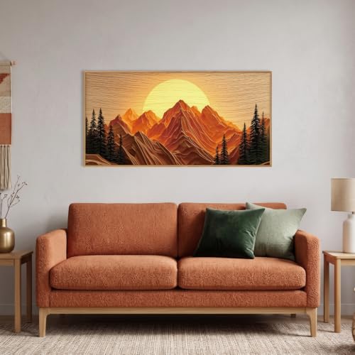 Large Boho Golden Mountain Framed Canvas Wall Art Set
