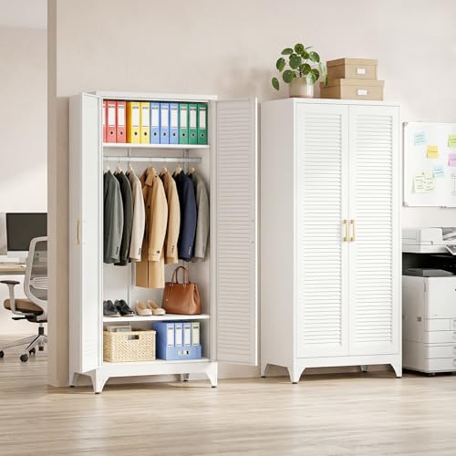 71" Tall White Wardrobe Closet with Door and Adjustable Shelves