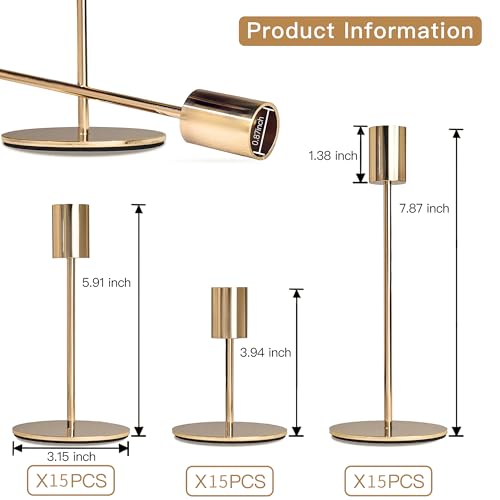 Gold Candlestick Holders Bulk for Taper Candles Decorative Metal Candelabra Candle Holders Fit 0.8 Inch Diameter Candles Gold Taper Candle Stands for Wedding Home Party Table Decor (27 Count)
