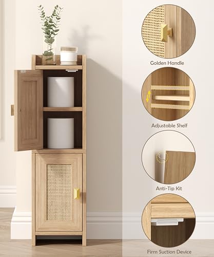 Rattan Small Bathroom Cabinet Narrow Toilet Paper Organizer Oak