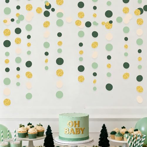 Sage Green Gold Beige Party Polka Dot Garlands Oilve Green Glitter Gold Hanging Paper Circle Dots Streamer for Birthday Wedding Shower Engagement Retirement Boho Safari Party Decorations Supplies