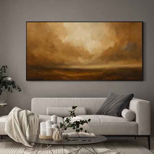 24"x46" Extra Large Framed Wall Art Golden Horizon Abstract Landscape Warm Brown and Amber Sky Illustration for Home Living Room Bedroom Decor