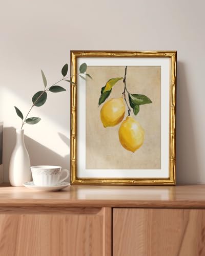 Gold Bamboo Framed Vintage Lemon Wall Art Botanical Artwork 11x14In