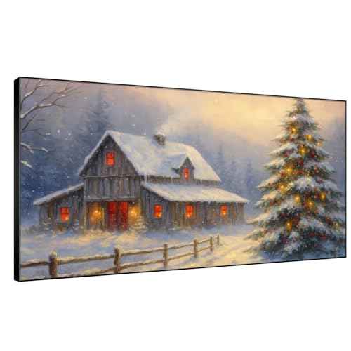 24"x46" Extra Large Framed Wall Art Rustic Winter Cabin with Christmas Tree and Snowy Landscape for Home Living Room Bedroom Decor