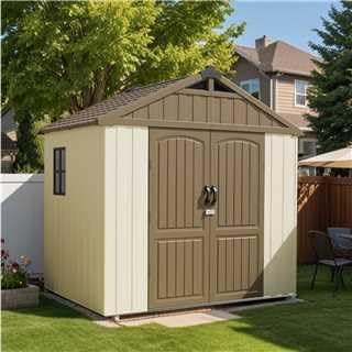 Patiowell 8 x 6 FT Plastic Outdoor Storage Shed with Floor, Resin Shed with Window and Lockable Door for Garden, Backyard, Tool Storage Use, Easy to Install in Brown (Kick-it Shed)