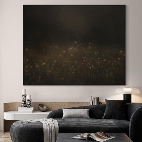46"x60" Extra Large Framed Wall Art Dark Floral Meadow Moody Wildflower Field in Deep Earthy Tones Illustration for Home Living Room Bedroom Decor