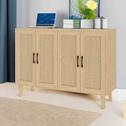 Buffet Storage Cabinet with Rattan Decorating 4 Doors Living Room Kitchen Sideboard 48.43 x 34.65 x 15 inch