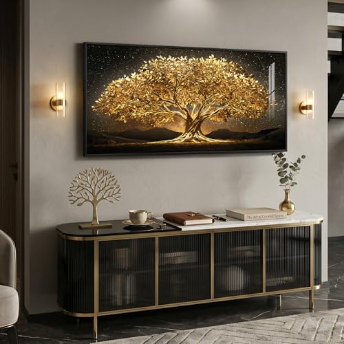 Large Framed Black and Gold Tree of Life Wall Art for Living Room