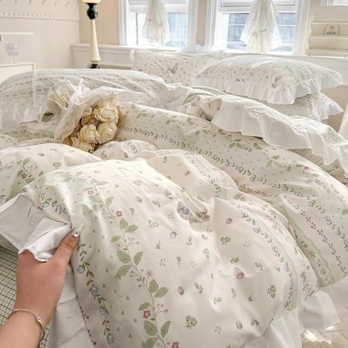 Botanical Floral Comforter Set Full Size Cute Flower Leaves Rabbit Pattern Comforter Reversible Green Plaid Comforter Girls Princess Bedding Set Lace Ruffle Comforter Set for Kids Teen Girls (3 Count)