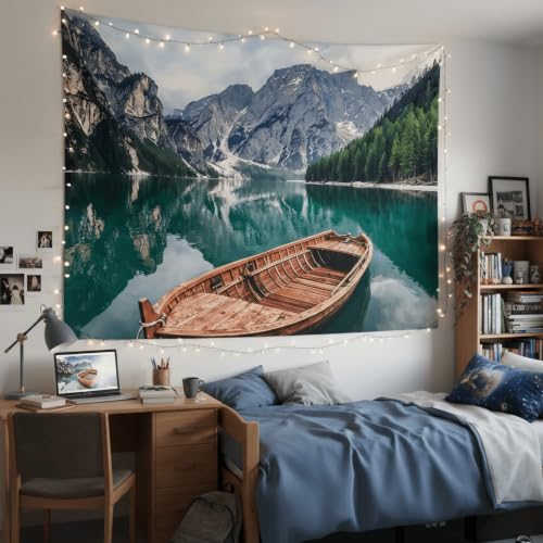 Nature Mountain Lake Boat Tapestry 90x68 Inch