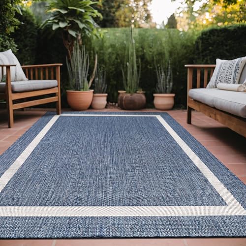 Bordered Outdoor Rug 6x9 Washable Outside Carpet for Indoor Patio Porch Waterproof Easy Cleaning Non Shedding Area Rugs Blue 6 x 9