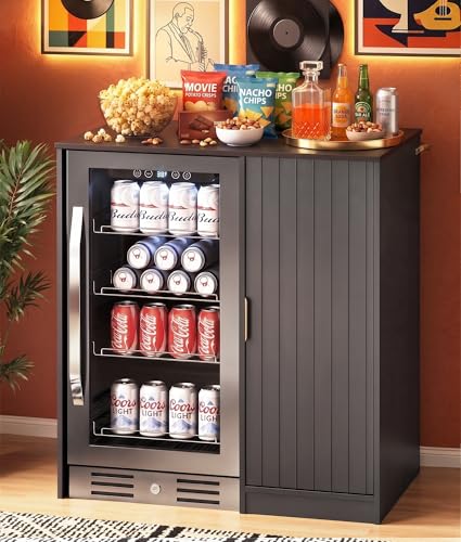 37" Fluted Mini Fridge Cabinet with Storage and Power Outlet