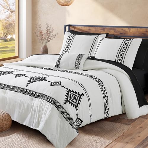Embroidery Queen Comforter Set 7 Pieces White Western Bed in a Bag