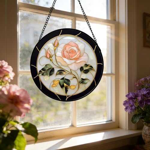 Pink Rose Stained Glass Window Hanging Suncatcher Gifts for Women 15"