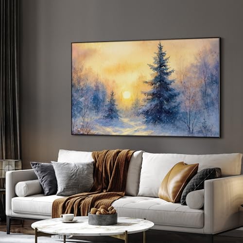 30"x60" Extra Large Framed Wall Art Winter Sunrise in Snowy Pine Forest Watercolor Style for Home Living Room Bedroom Decor