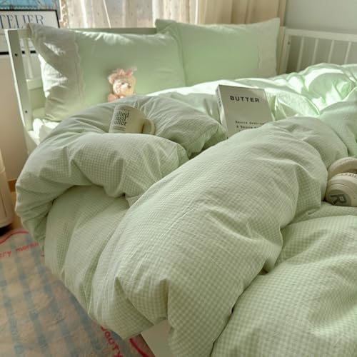 Green Gingham Comforter Set King Romantic Lace Style Vintage Checkered Plaid Comforter Set 3 Pieces Green Grid Comforter with 2 Pillowcases Soft Fluffy Farmhouse Gingham Bedding Set King