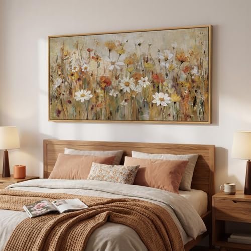 Large Framed Vintage Neutral Floral Wall Art for Living Room