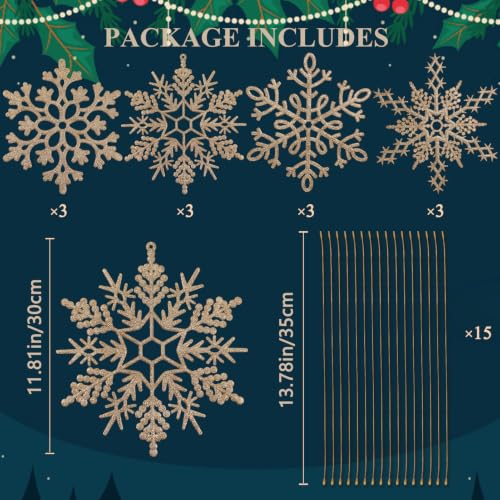 12pcs Large Champagne Gold Snowflakes Ornaments 12” Big Plastic Glitter Snowflake for Winter Indoor Outdoor Christmas Tree Window Room Decorations Giant Craft Snowflakes (12 Count)
