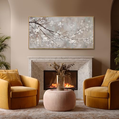 Plum blossom Wall Decor White Flowers Painting on Canvas Nature Wall Art for Bedroom 24"x 48" Wall Decorations for Living Room Office