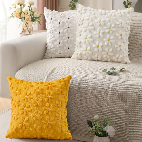 Spring Summer Pillow Covers 20x20 inch Set of 2 White Rust Daisy (2 Count)