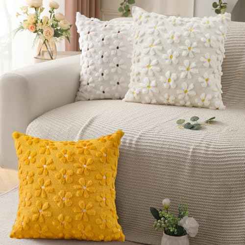 Spring Summer Pillow Covers 16x16 inch Set of 2 White Rust Daisy