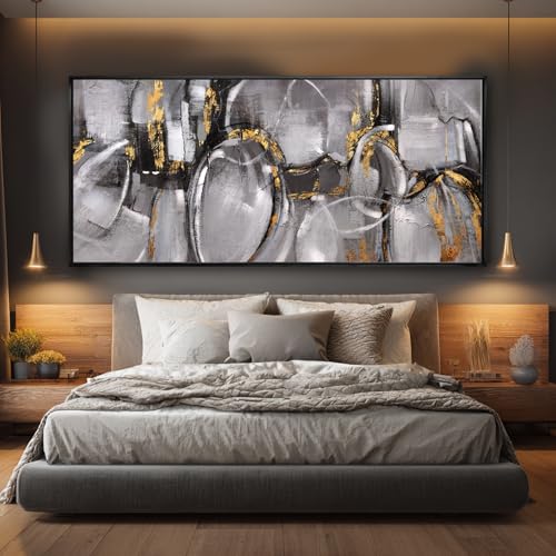 Abstract Canvas Wall Art Grey and Gold Wall Decor Line Print Pictures 32"x70" Bedroom Large Artwork Over Bed Office Posters