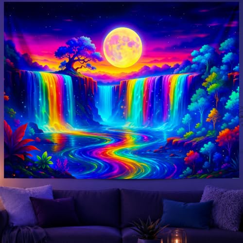 Blacklight Tapestry Forest Waterfall Neon Decor 78 x 59 Inch
