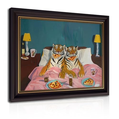 Framed Funny Tiger Pizza Wall Art Dark Brown Frame Bedroom Picture Print Vintage Fun Tigers Couple Canvas Wall Decor Maximalist Blue Pink Eclectic Jungle Animal Paintings