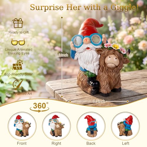 Solar Garden Gnome Statue Sitting Highland Cow Figurine Flower Wreath