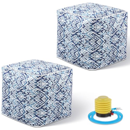 2 Pack Inflatable Outdoor Ottoman Pouf Waterproof Cube 16" Square Blow up Ottoman Footrest with Handle Outdoor Portable Footstool for Patio Garden Camping or Home Pool (2 Count)