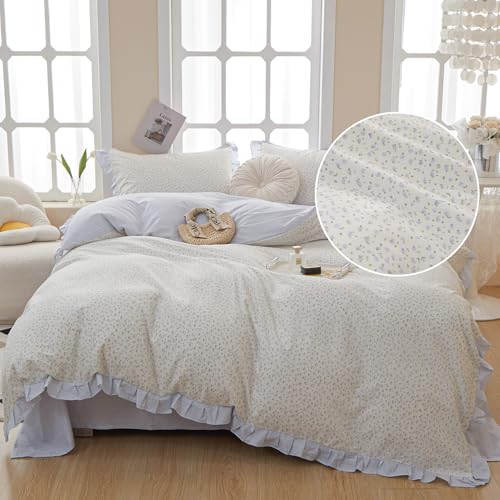 King Comforter Set Blue Floral Comforter King Vintage Floral Bedding Comforter Boho Ruffle Comforter Set Cottagecore Flower Botanical Comforter with 2 Pillowcases Fluffy Soft Comfy Comforter Set