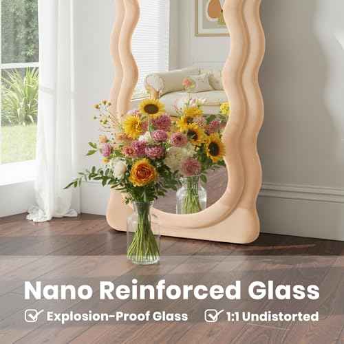 Full Length Mirror 71"x30" Irregular Wavy Full Body Wall Mounted Floor Mirror with Stand Milk Tea Flannel Frame Leaning Hanging Wall for Bedroom Entrance Hallway
