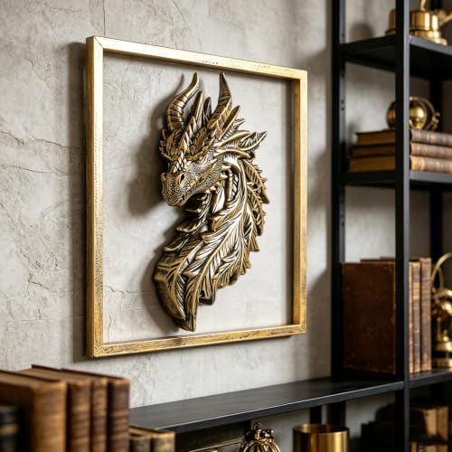 Gold Dragon Head Wall Decor with Metal Frame