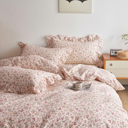 Pink Red Flower Comforter Set King Vintage Garden Style Blooming Floral Comforter with 2 Ruffle Pillowcases Aesthetic Floral Bedding Set Soft Fluffy Cottagecore Comforter Set for Girls Women