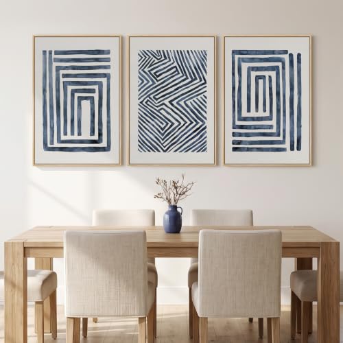 Large Framed Navy Blue Abstract Wall Art for Living Room (3 Count)