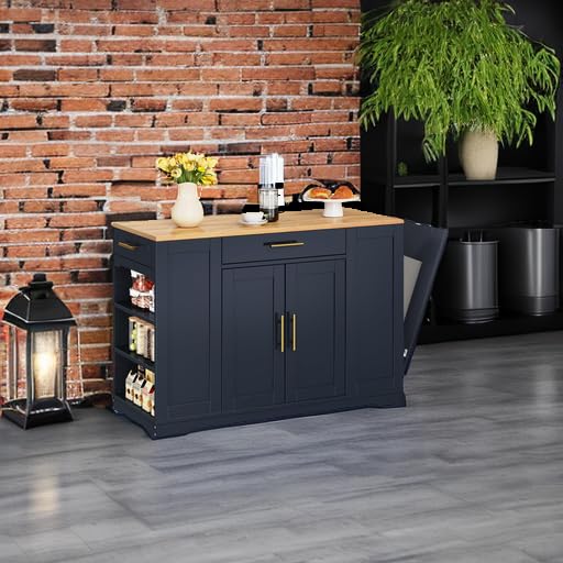 53 inch Large Rolling Kitchen Island with Trash Can Storage Cabinet