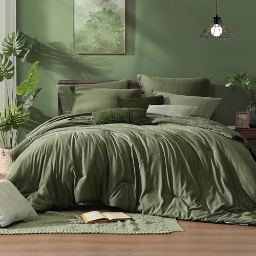 Oversized King Comforter Set Olive Green 7 Pieces Bed in a Bag