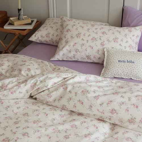 Vintage Garden Floral Comforter Set Queen Cute Pink Floral Bedding Comforter for Queen Bed Reversible Botanical Flowers Comforter with 2 Pillowcases Girls Cottagecore Bedding Comforter Set (3 Piece Set)