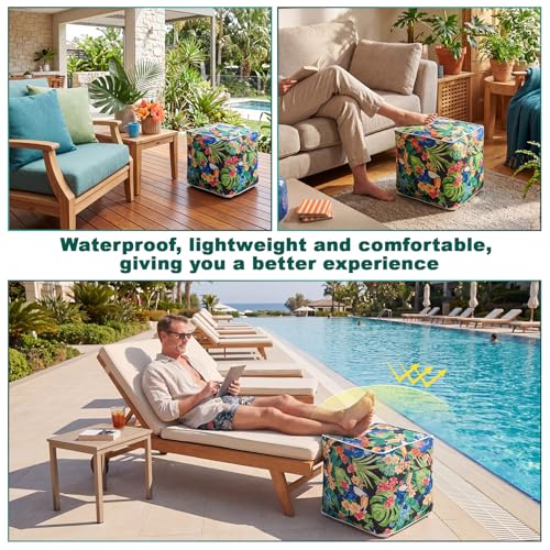 2 Pack Inflatable Outdoor Ottoman Pouf Waterproof Cube 16" Square Blow up Ottoman Footrest with Handle Outdoor Portable Footstool for Patio Garden Camping or Home Pool (2 Count)