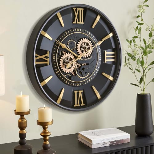 Mid Century Modern Black Gold 24 Inch Wall Clock with Moving Gears