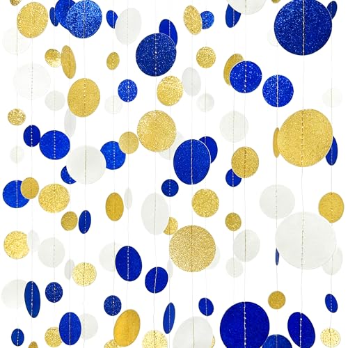 Royal Blue Gold White Party Polka Dot Garland Dark Blue Glitter Gold White Hanging Paper Circle Dots Streamer for Birthday Graduation Wedding Shower Retirement Nautical Party Decorations Supplies