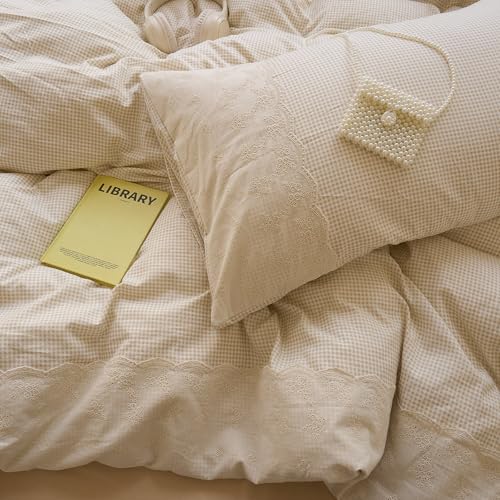 Tan Gingham Comforter Set Full Romantic Lace Style Beige Taupe Plaid Comforter Set 3 Pieces Vintage Checkered Grid Comforter with 2 Pillowcases Fluffy Soft Farmhouse Gingham Bedding Set