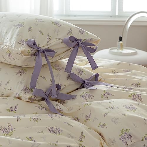 Lilac Floral Comforter Set Full Size Purple Flower Comforter with 2 Bow Ties Pillowcases Cute Floral Bedding Set Vintage Botanical Comforter Set for Girls Women Soft Fluffy Bed Set for All Season