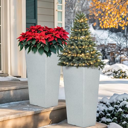 Autodaya 28" Plant Pots Tall Planters for Outdoor Plants Set of 2 with Tray (2 Count)