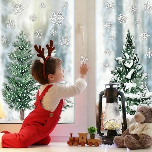 Christmas Window Clings for Glass 9 Sheet Xmas Tree Window Decals with Snowflake Designs Window Stickers Winter Windows Cling for Party Supplies Home School Office Glass Decorations (9 Count)