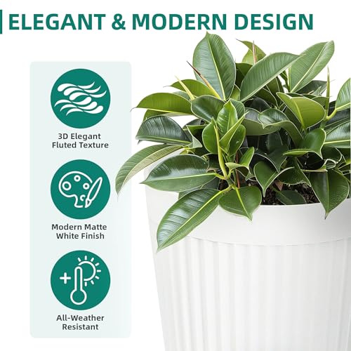 Autodaya 20" Tall Fluted Resin Planters Set of 2 with Drainage Holes (2 Count)