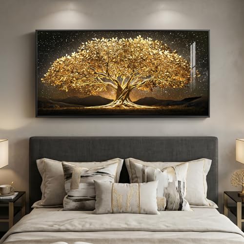 Large Framed Black and Gold Tree of Life Wall Art for Living Room