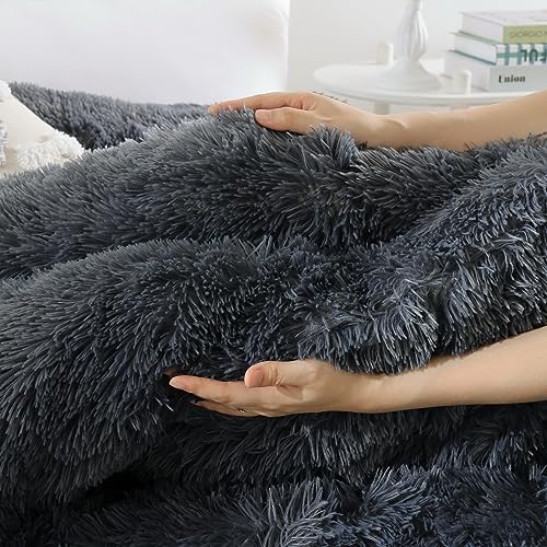 Fluffy King Size Comforter Set Dark Grey Faux Fur Comforter Set 3Pcs