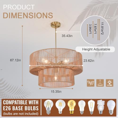 6 Light Boho Rattan Chandelier Light Fixture