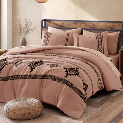 Embroidery Queen Comforter Set 7 Pieces Dusty Pink Bed in a Bag